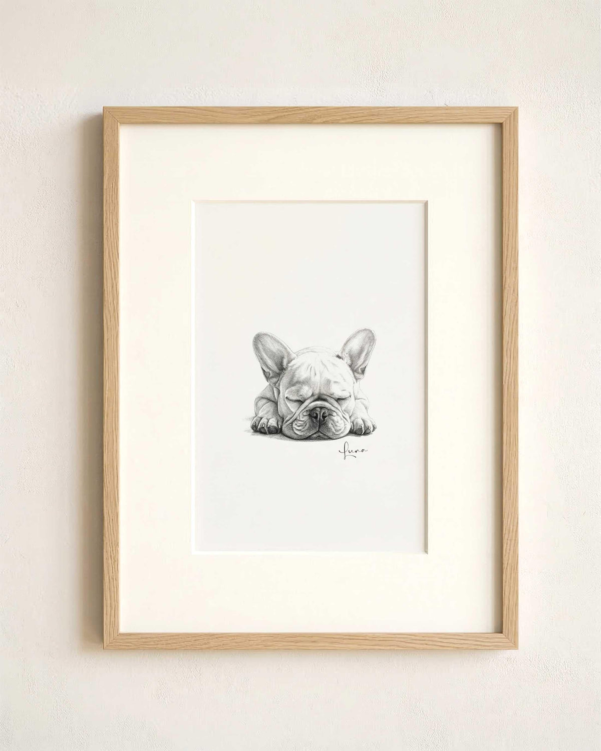 Custom Pet Portrait from Photo, Pencil Charcoal Drawing of a sleeping french bulldog, wooden frame