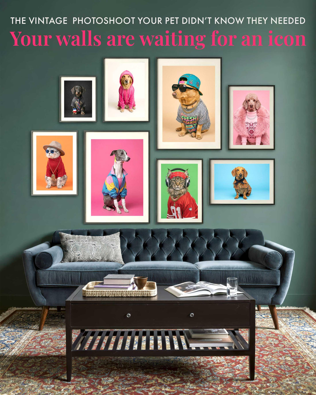 Custom Pet Gallery Wall Portrait Maximalist Fashion Wall Art Vintage Aesthetic Dog Cat Poster Retro Pet Gift 2026 Bold Color Home Decor
