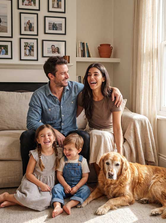 A family of four and their golden retriever dog relax on a beige couch in a brightly lit living room. The father wears a blue denim shirt, the mother wears a brown top and cream skirt, and the two children are dressed in casual denim and striped clothing.