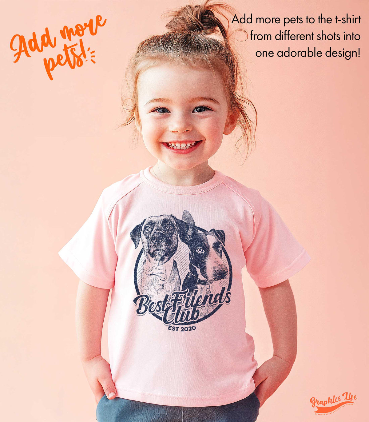 Personalized kids t-shirt displayed flat with a custom cat illustration created from a pet photo, including the pet’s name beneath the artwork – a touching memorial shirt for grieving families and animal-loving children.