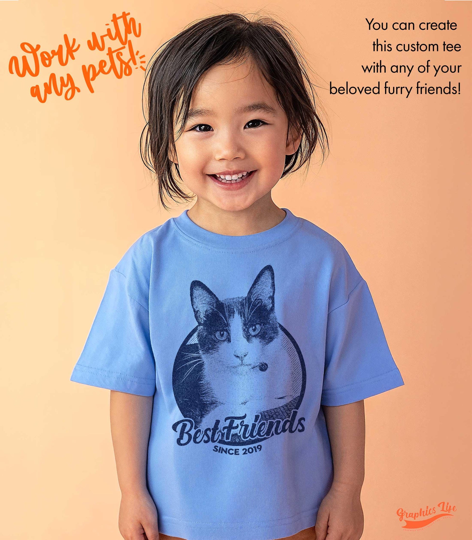 Toddler sitting with a plush toy, wearing a white cotton tee with a vibrant, photo-to-art design of their family dog – a sentimental and thoughtful gift for pet lovers, perfect for birthdays or remembering a lost companion.