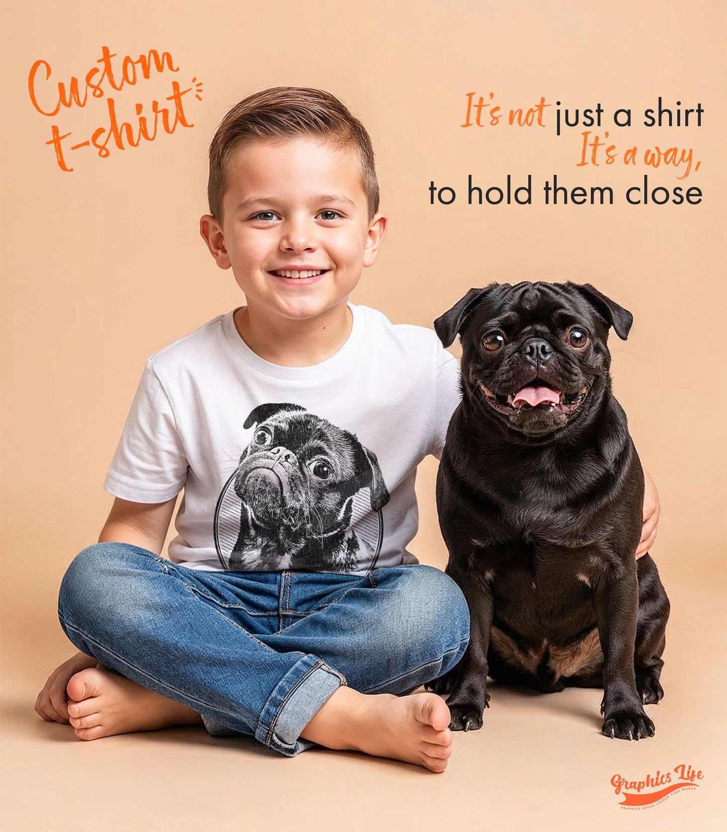 Young child smiling while wearing a custom pet portrait t-shirt, featuring a hand-drawn illustration of their beloved dog and the pet’s name printed on soft cotton fabric – a heartfelt gift and wearable keepsake.