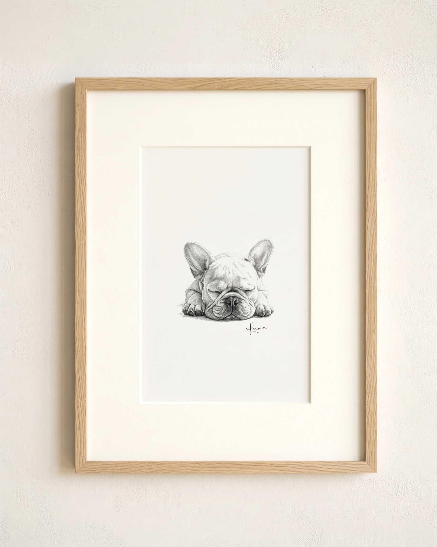 Custom Pet Portrait from Photo, Pencil Charcoal Drawing of a sleeping french bulldog, wooden frame