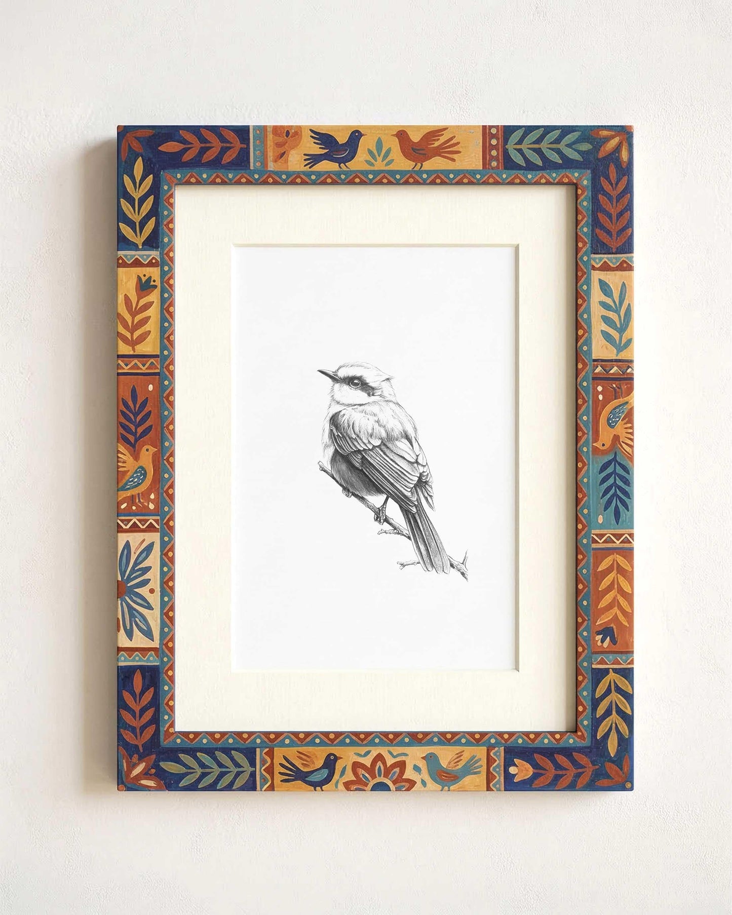 Custom Pet Portrait from Photo, Pencil Charcoal Drawing of a domestic bird, eclectic coloful frame