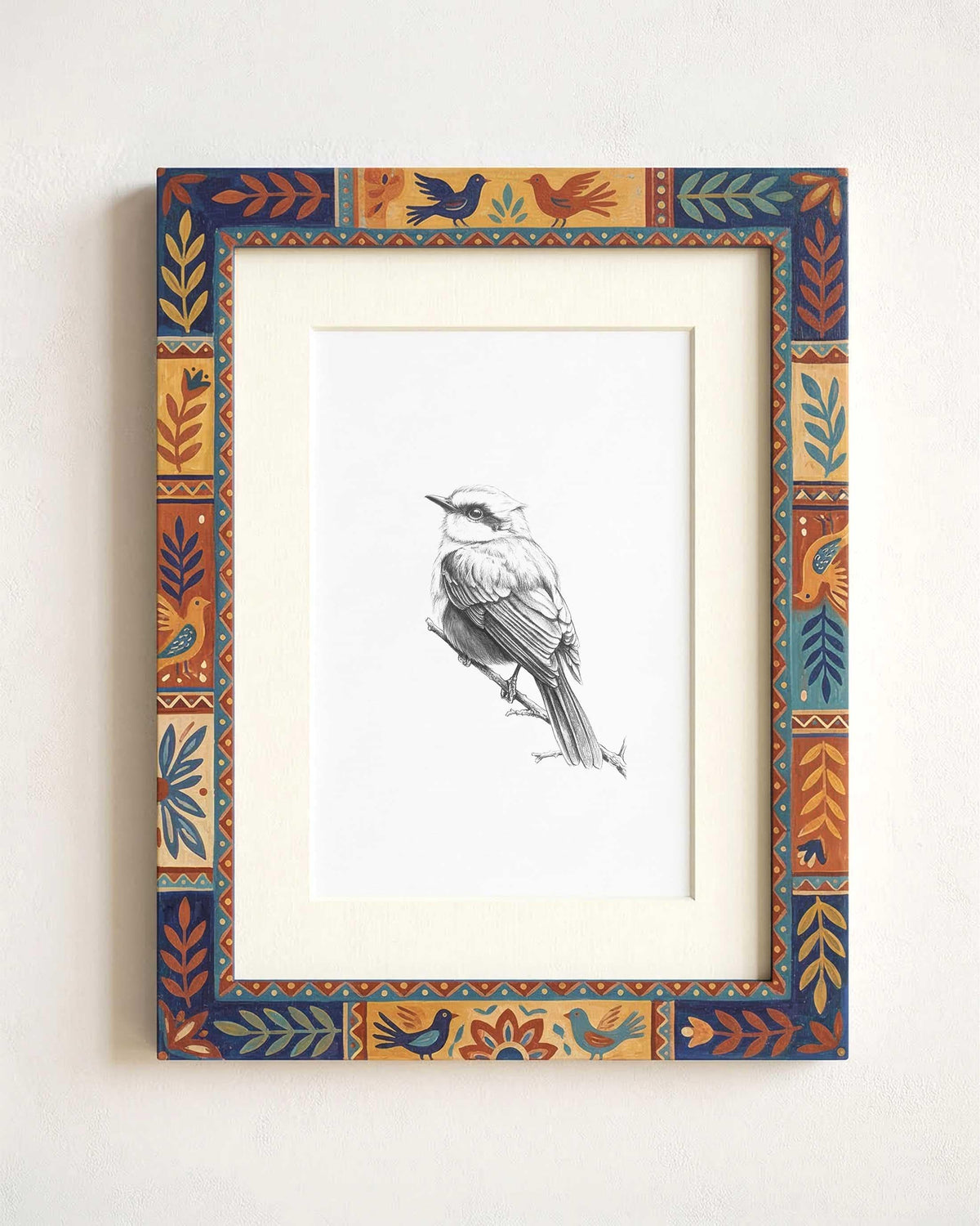 Custom Pet Portrait from Photo, Pencil Charcoal Drawing of a domestic bird, eclectic coloful frame