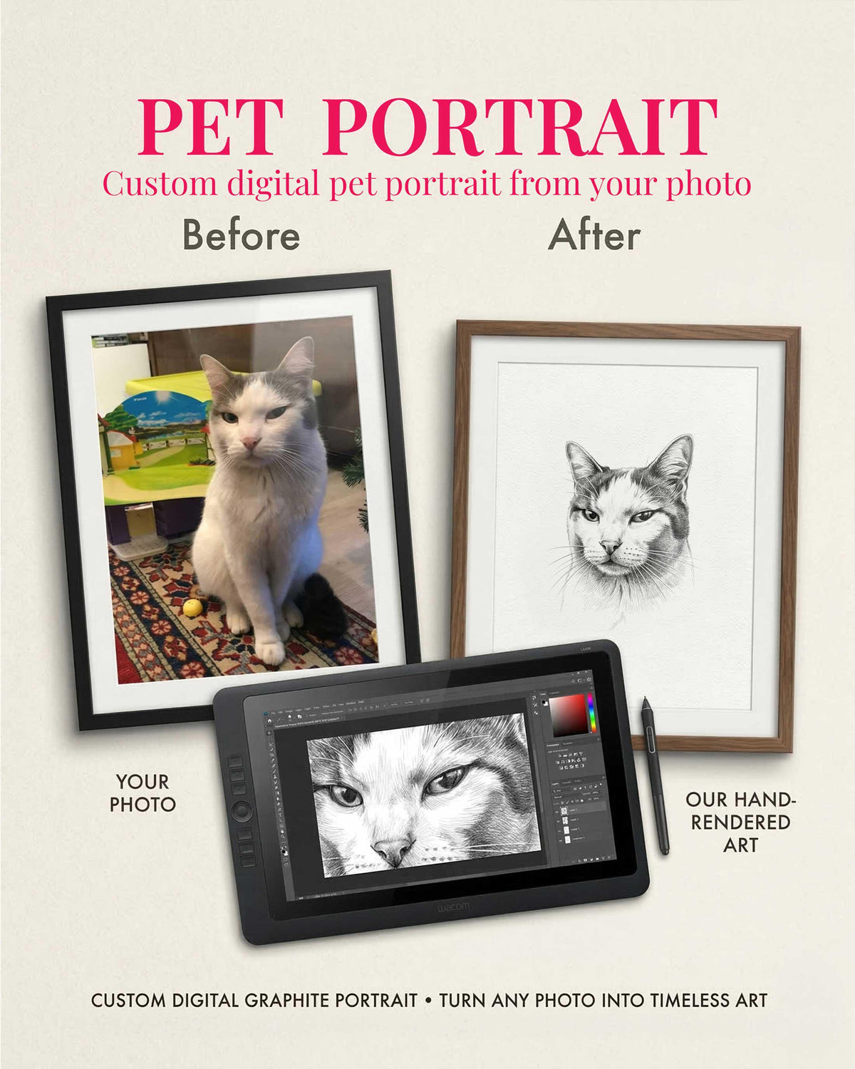 Custom Pet Portrait From Photo Pencil Charcoal Drawing Digital Download