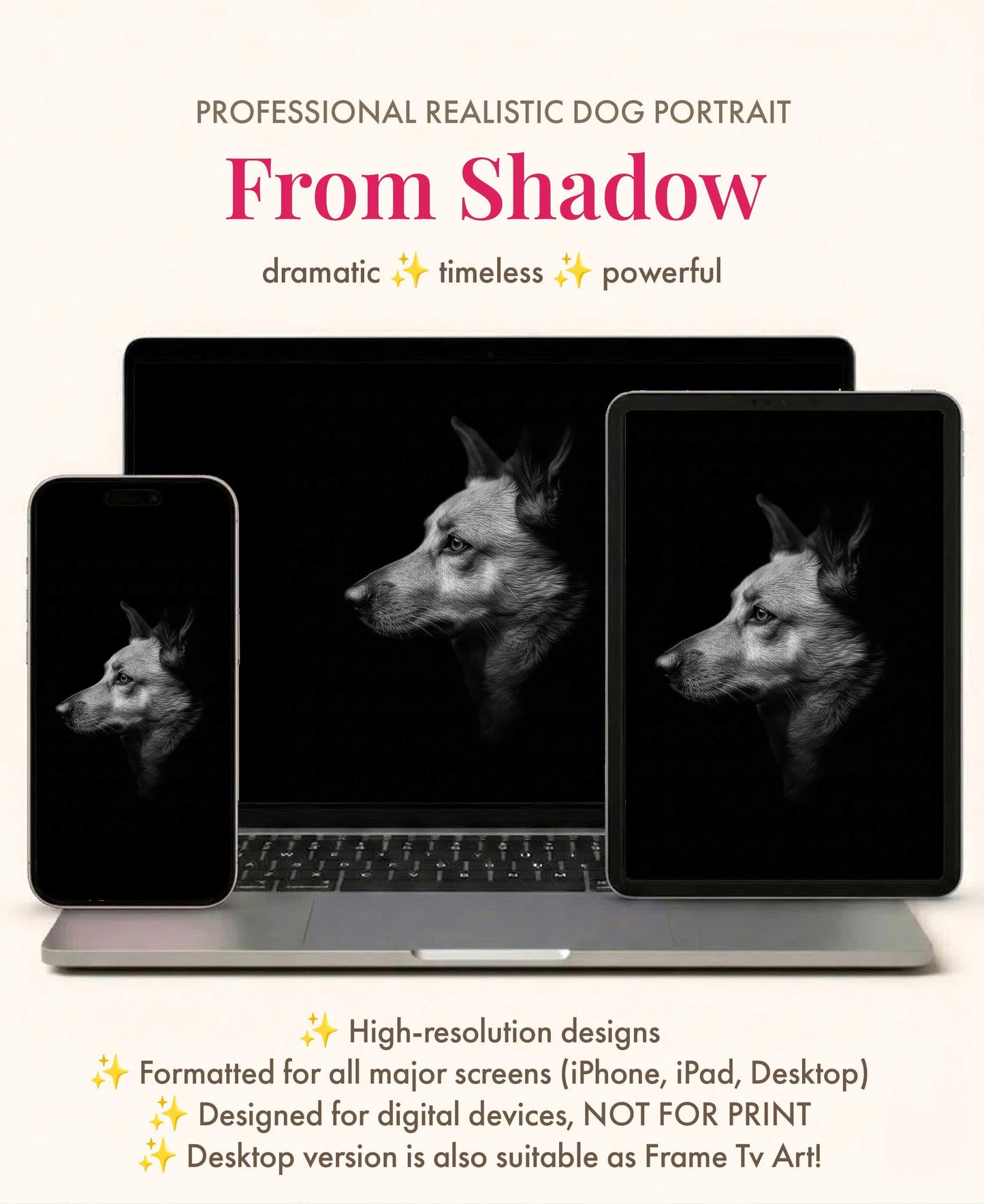 Custom Pet Portrait Wallpaper Black & White Fine Art for iPhone iPad Desktop Frame TV