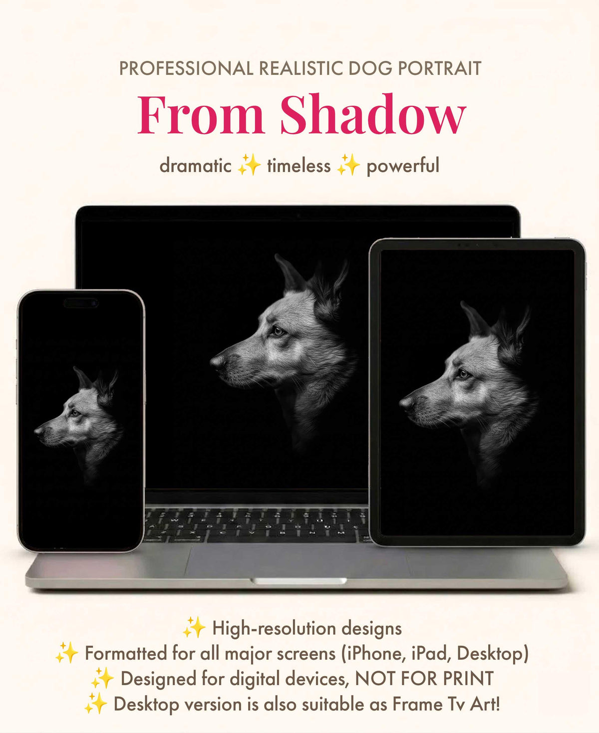 Custom Pet Portrait Wallpaper Black & White Fine Art for iPhone iPad Desktop Frame TV