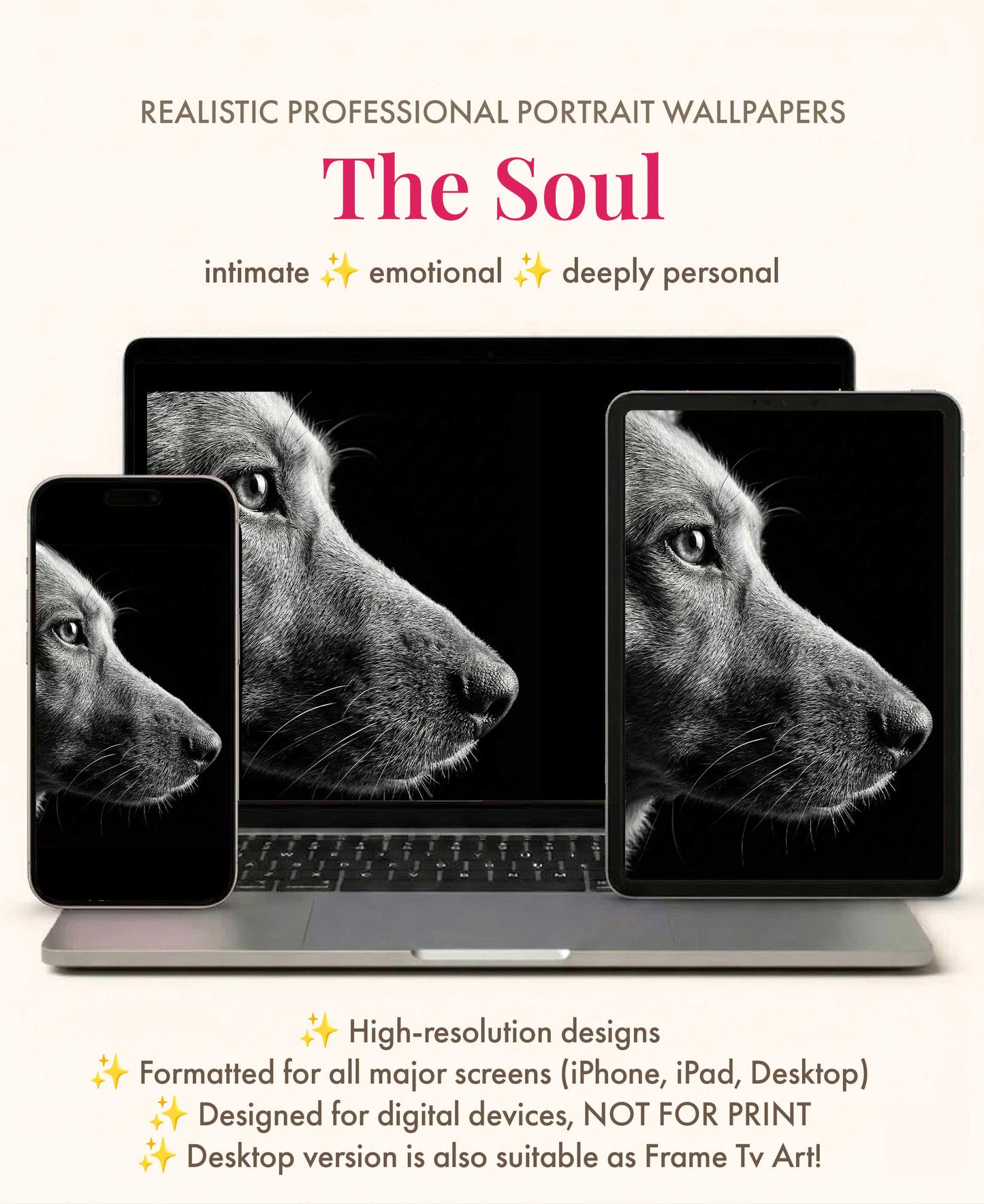 Custom Pet Portrait Wallpaper Black & White Fine Art for iPhone iPad Desktop Frame TV