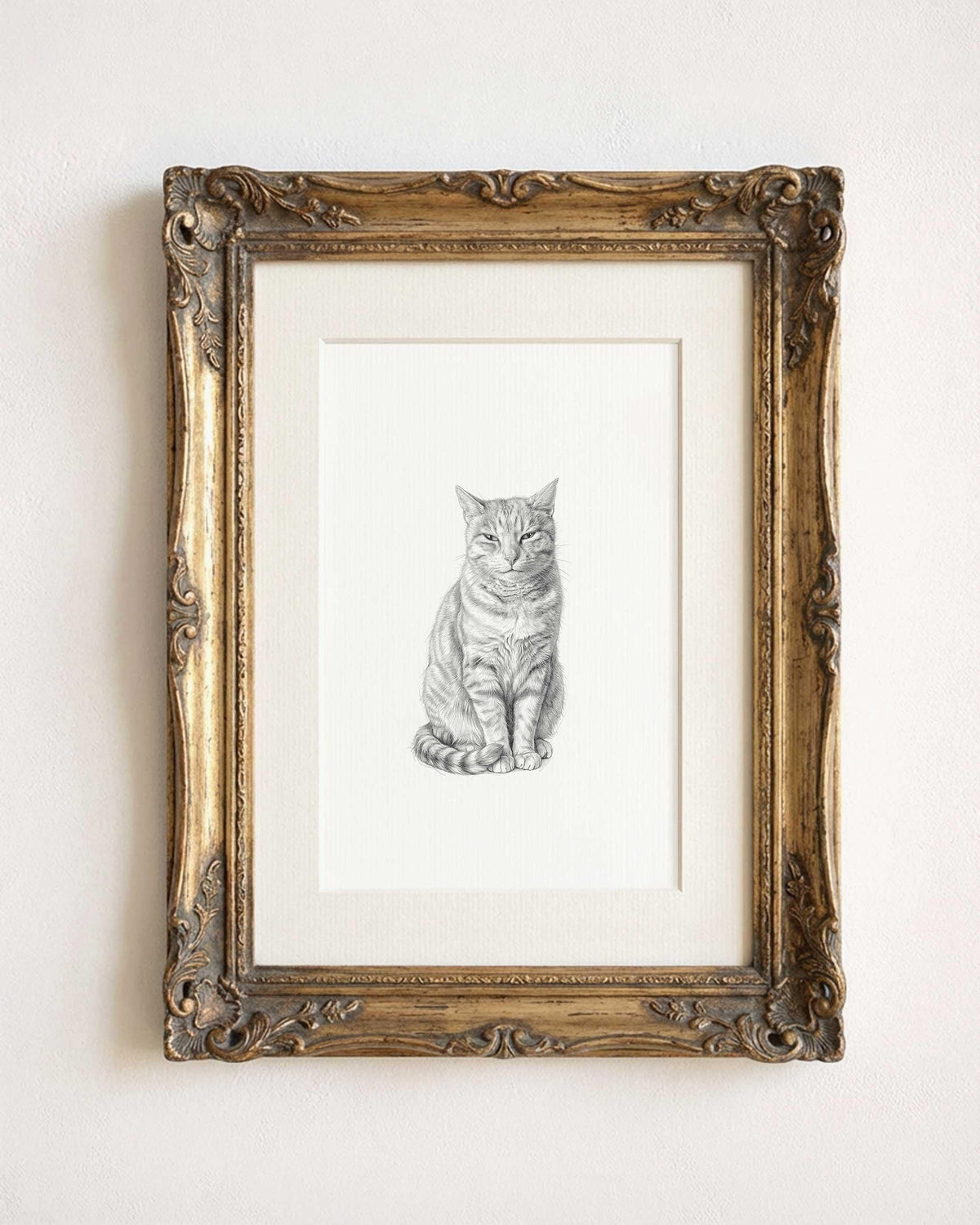 Custom Pet Portrait from Photo, Pencil Charcoal Drawing of a tabby cat, vintage frame