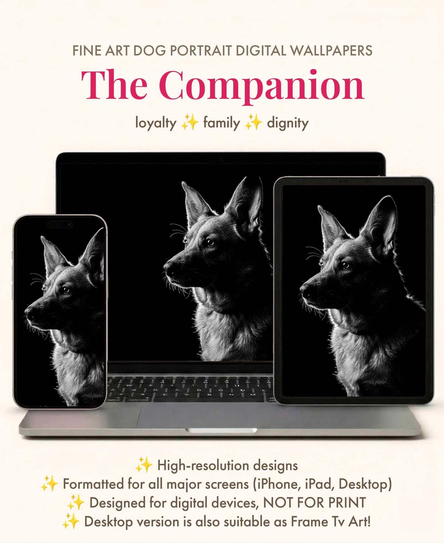 Custom Pet Portrait Wallpaper Black & White Fine Art for iPhone iPad Desktop Frame TV