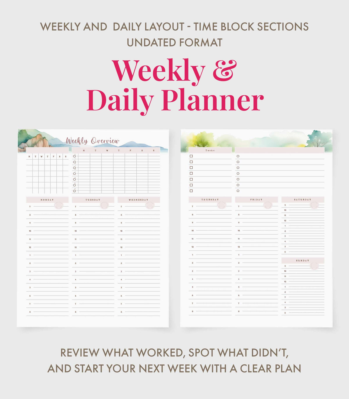 Daily Planner Printable Undated Planner Bundle Time Block Planner PDF Habit Tracker Printable for Work Life Balance