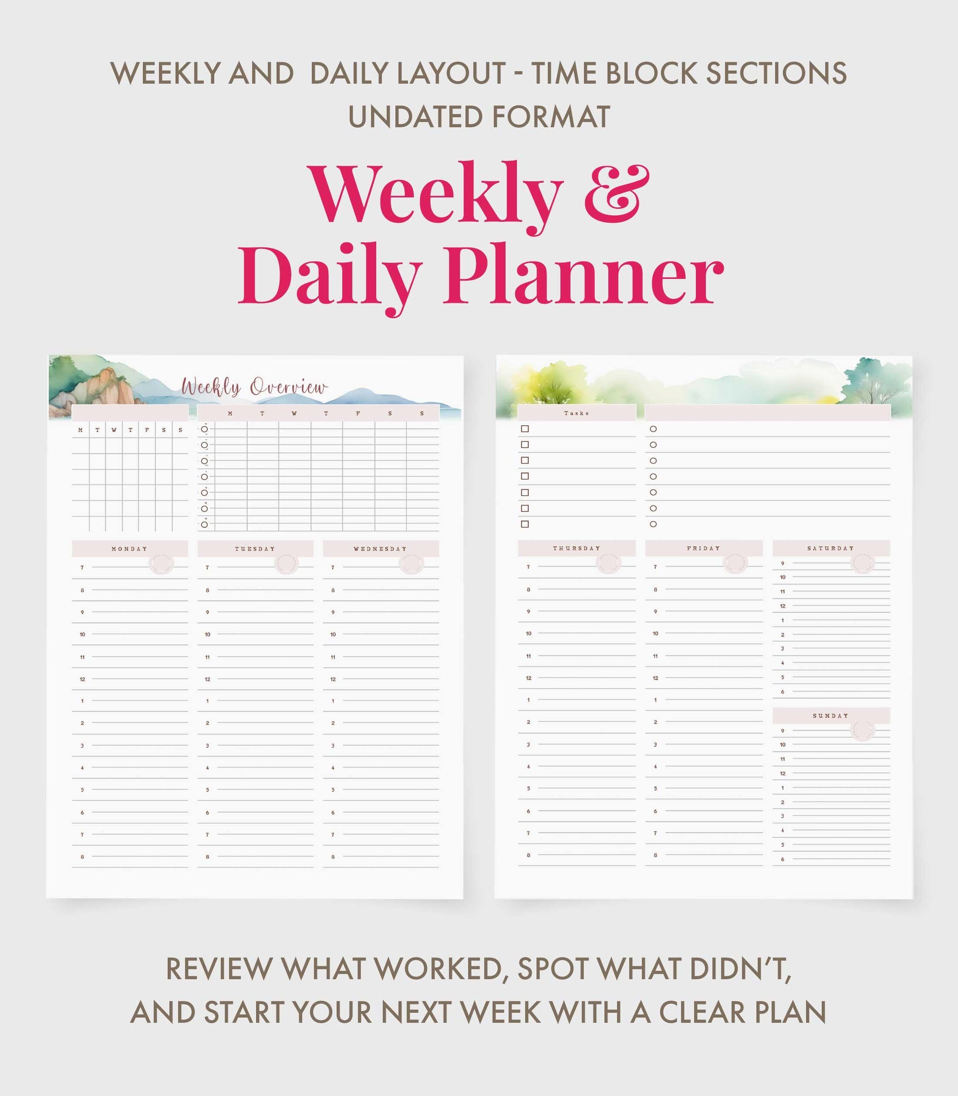 Daily Planner Printable Undated Planner Bundle Time Block Planner PDF Habit Tracker Printable for Work Life Balance