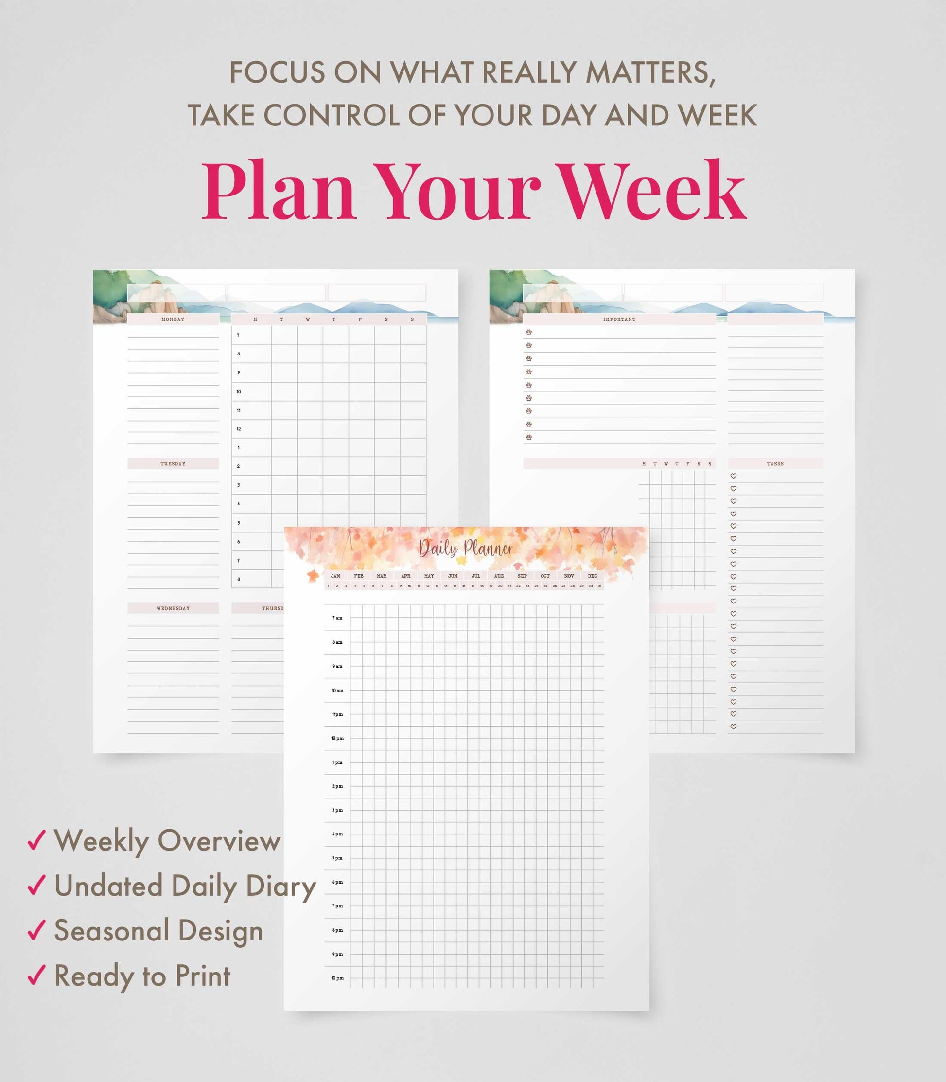 Daily Planner Printable Undated Planner Bundle Time Block Planner PDF Habit Tracker Printable for Work Life Balance