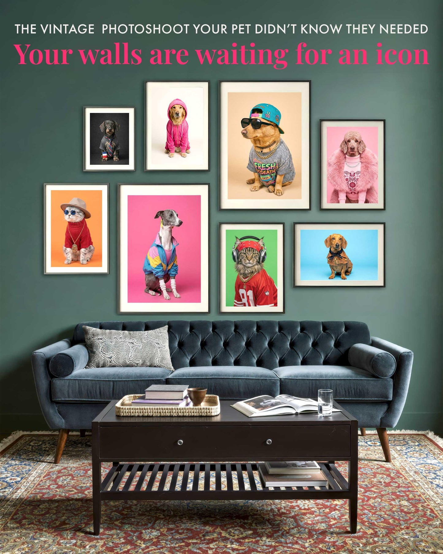 Custom Pet Gallery Wall Portrait Maximalist Fashion Wall Art Vintage Aesthetic Dog Cat Poster Retro Pet Gift 2026 Bold Color Home Decor