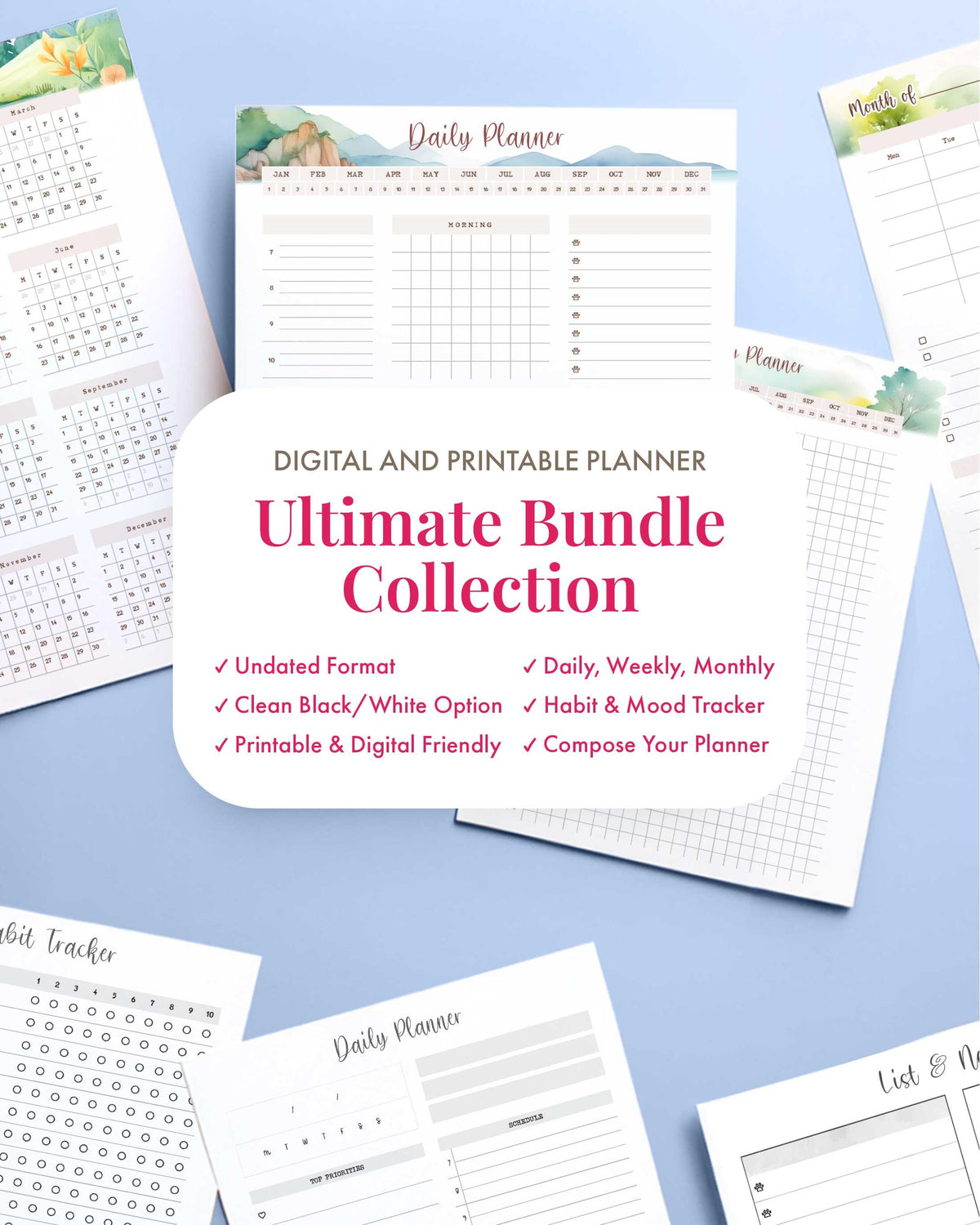 Daily Planner Printable Undated Planner Bundle Time Block Planner PDF Habit Tracker Printable for Work Life Balance