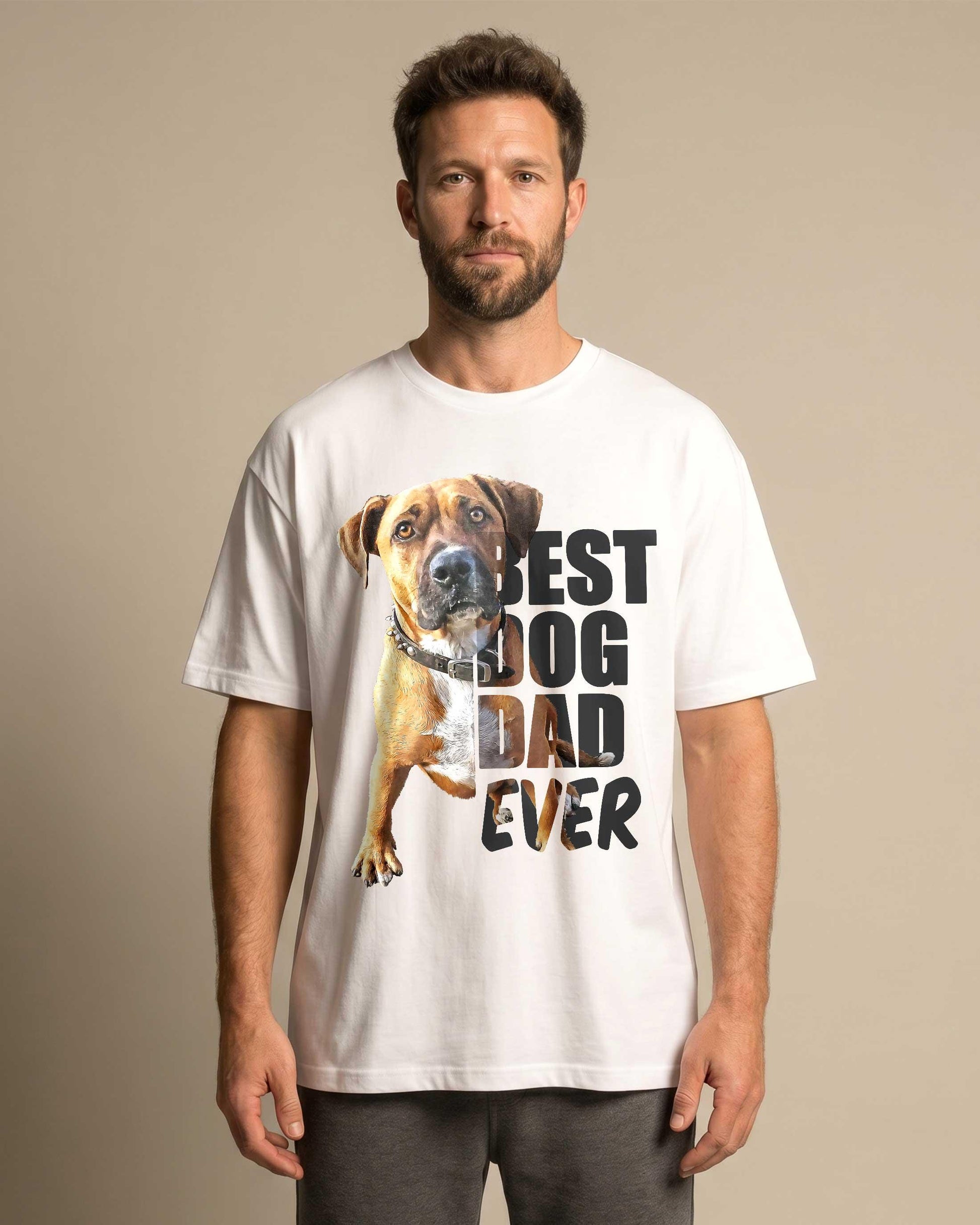 Man wearing white custom dog dad t-shirt with his dog's photo printed into a bold Best Dog Dad Ever graphic design