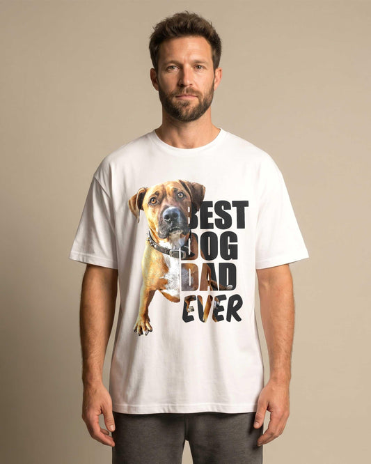 Man wearing white custom dog dad t-shirt with his dog's photo printed into a bold Best Dog Dad Ever graphic design