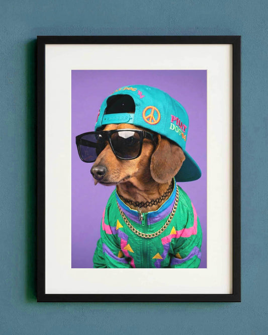 May include: A framed print featuring a brown dachshund wearing a teal baseball cap with a peace sign and the text PHAT DOG 94, black sunglasses, a black choker, a gold chain, and a green, purple, and pink windbreaker jacket against a purple background.