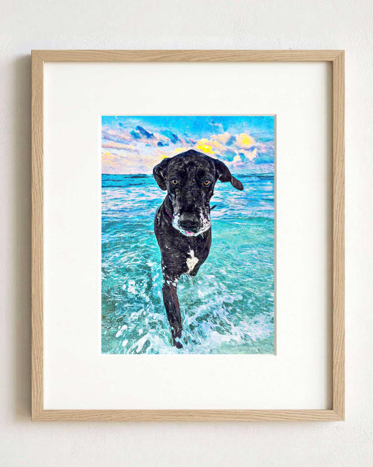 Custom pet portrait of a black dog running through ocean waves, painted art style in gold frame, living room wall art.