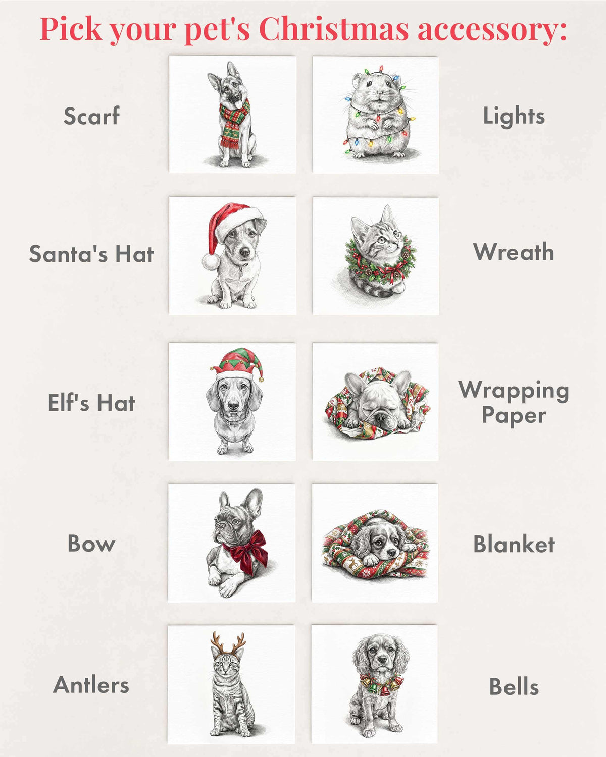 Christmas Pet Portrait From Photo, Custom Pencil Sketch Drawing (Digital Download)