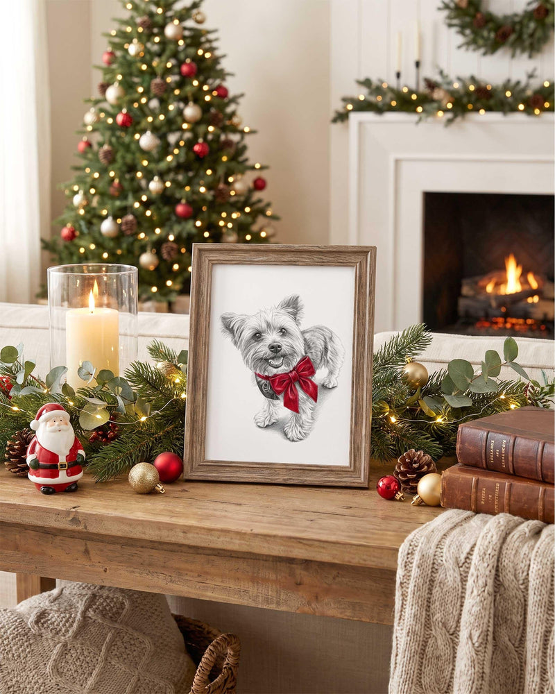 Christmas Pet Portrait From Photo, Custom Pencil Sketch Drawing (Digital Download)