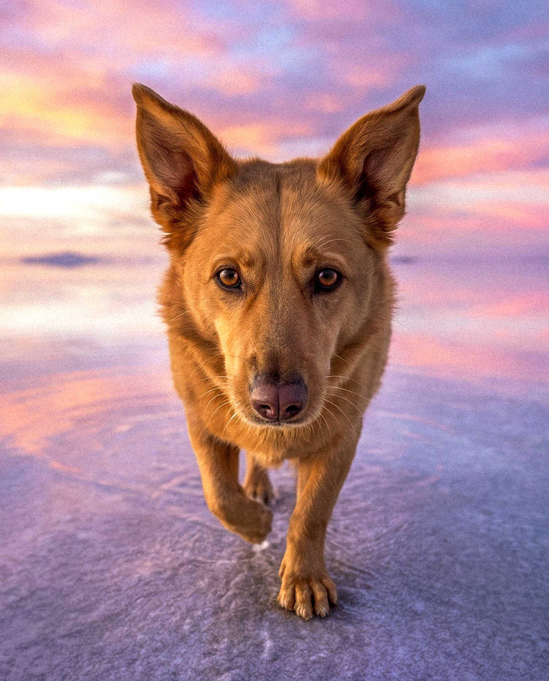 A German Shepherd standing on a still sheet of water that mirrors the dog completely, beneath a pink and violet sunset sky reflected across the surface.