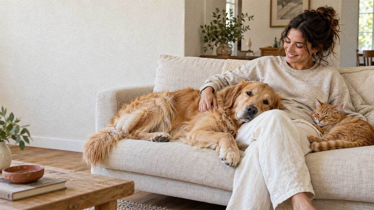 A woman in a beige lounge set relaxes on a light beige sofa with a golden retriever dog and an orange tabby cat in a bright, modern living room.